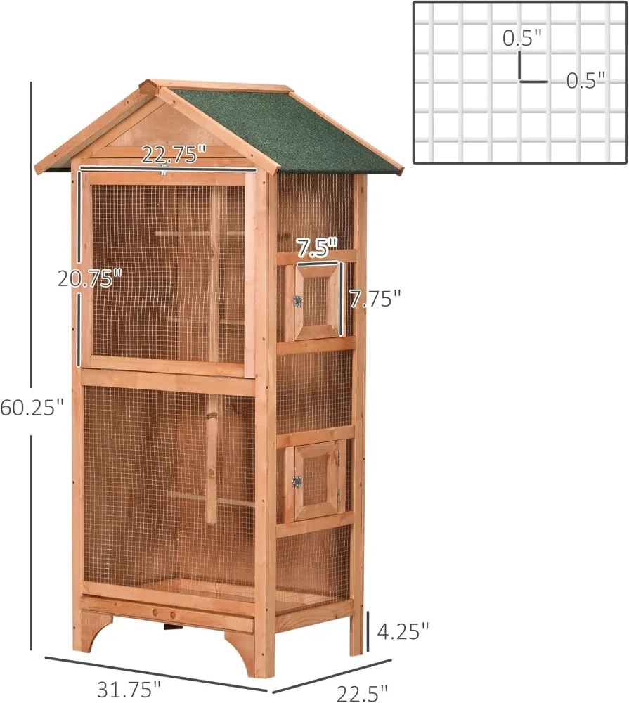 60" Wooden Outdoor Bird Cage for Finches, Parakeet, Large Bird Cage with Removable Bottom Tray 4 Perch, Orange - Image 5