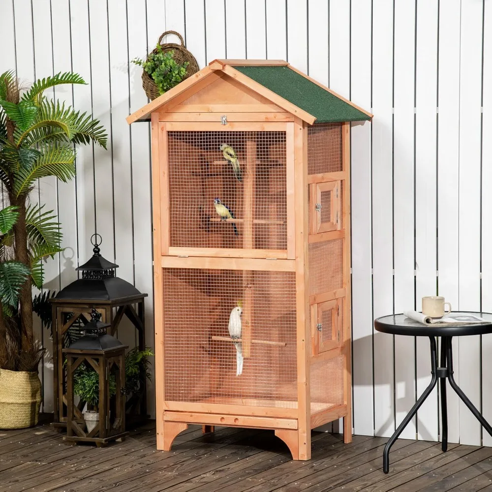 60" Wooden Outdoor Bird Cage for Finches, Parakeet, Large Bird Cage with Removable Bottom Tray 4 Perch, Orange - Image 2