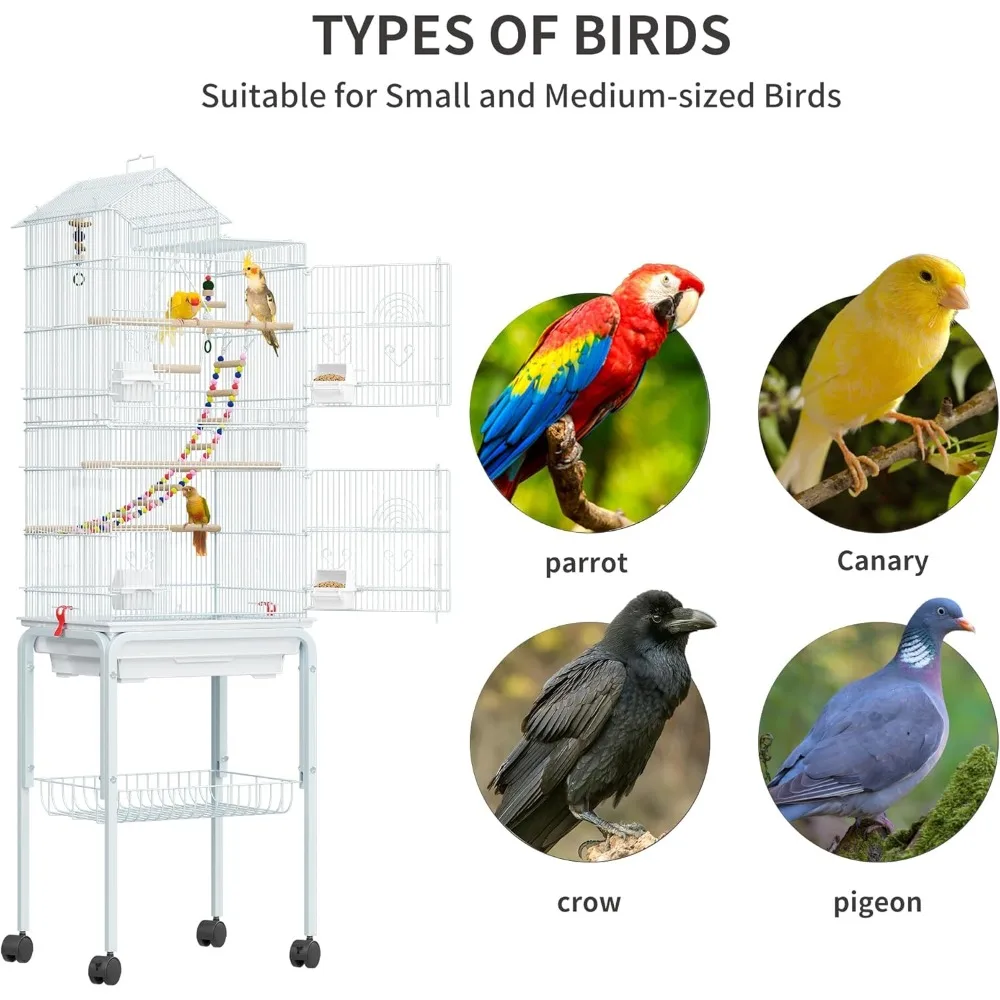 YITAHOME 62 inch Metal Bird Cage, Large Parakeet Cages for Parrot, Cockatiel, Lovebird, Pigeon with Roof Top, Rolling Stand and - Image 5