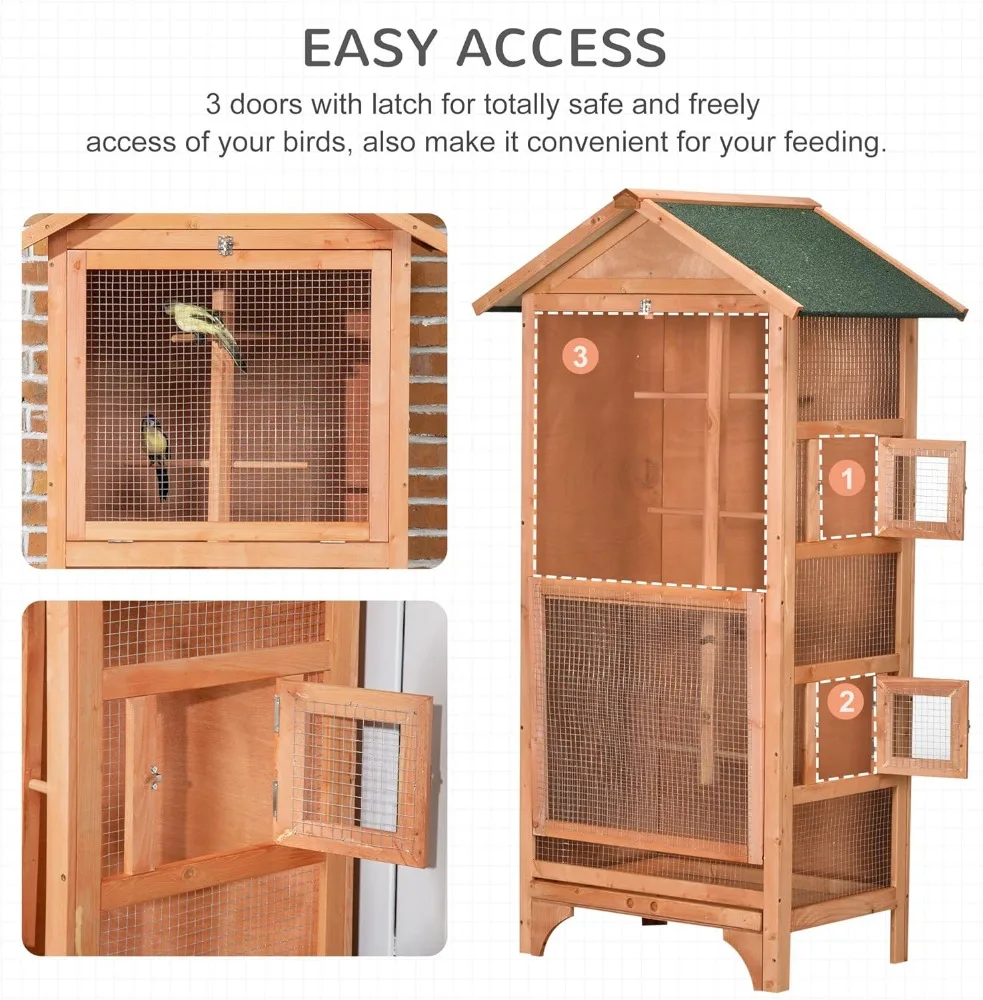 60" Wooden Outdoor Bird Cage for Finches, Parakeet, Large Bird Cage with Removable Bottom Tray 4 Perch, Orange - Image 6