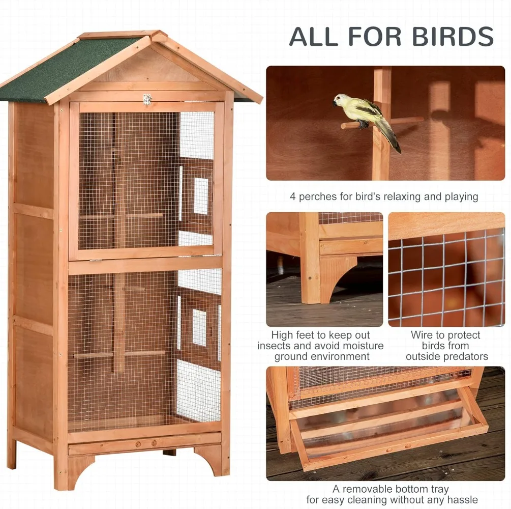 60" Wooden Outdoor Bird Cage for Finches, Parakeet, Large Bird Cage with Removable Bottom Tray 4 Perch, Orange - Image 4