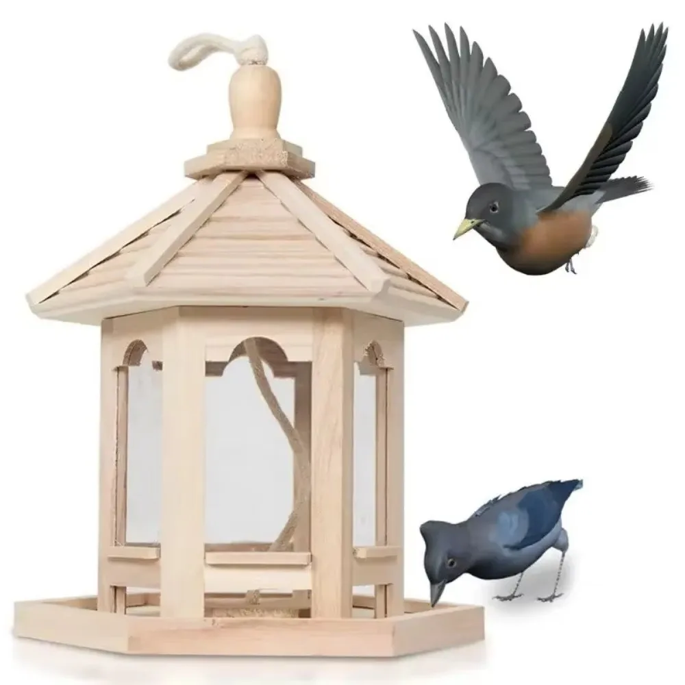 Durable House Shape Bird Feeder House Hanging Wooden Pet Feeder Box Bird Food Dispenser Balcony - Image 5
