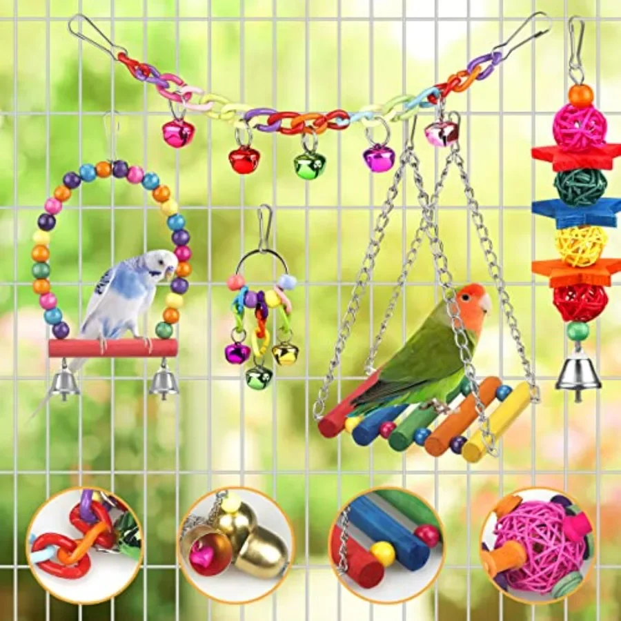 Bird Toys for Conures with Colorful Ladder Hammock Bird Cage Accessories Bird Perch Stand Chewing Toys Hanging Bell for Parrot - Image 2