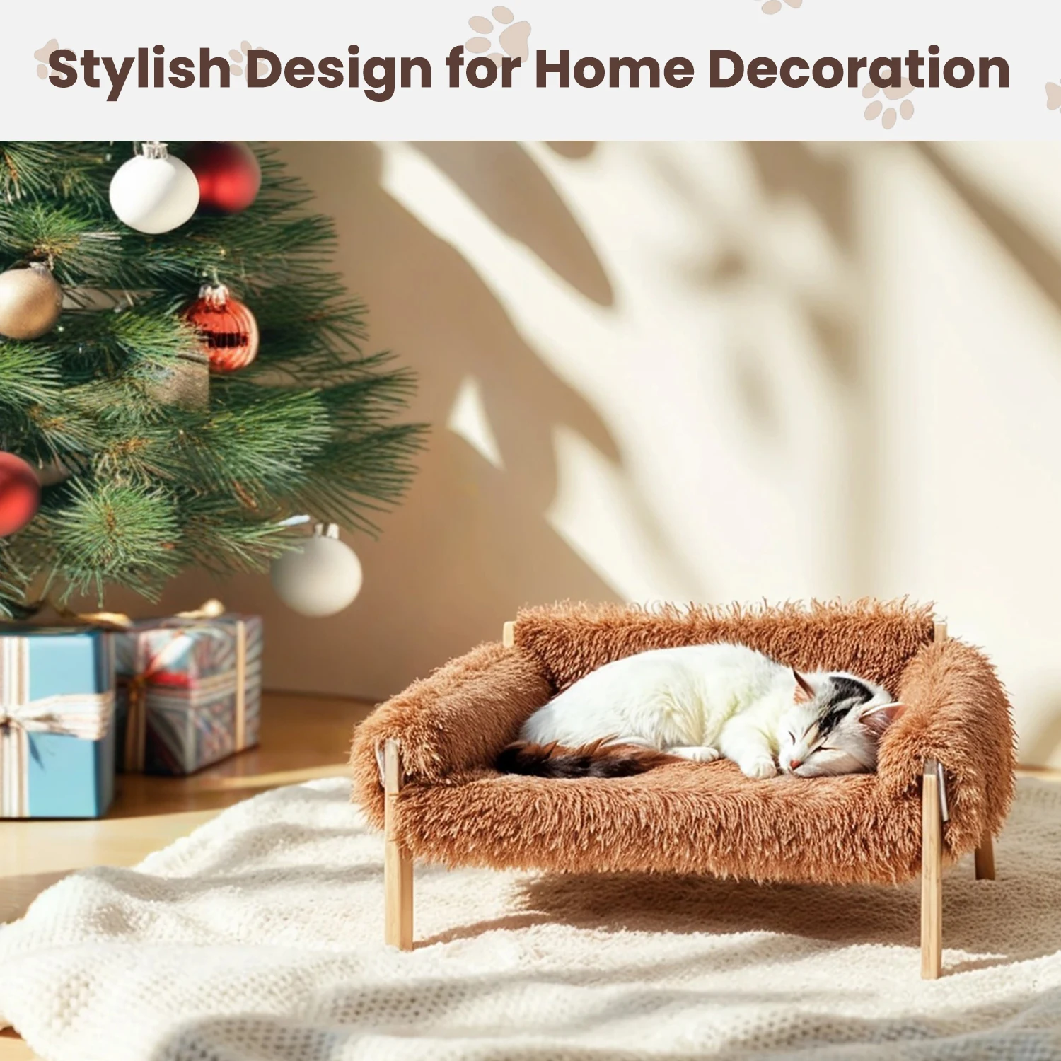 Large Cat Bed Sturdy Wooden Leg Raised Plush Cat Sofa Bed Kitten Bed for Indoor Cats - Soft Cat Couch - Image 3