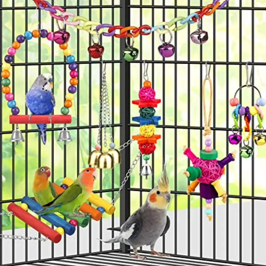 Bird Toys for Conures with Colorful Ladder Hammock Bird Cage Accessories Bird Perch Stand Chewing Toys Hanging Bell for Parrot - Image 4