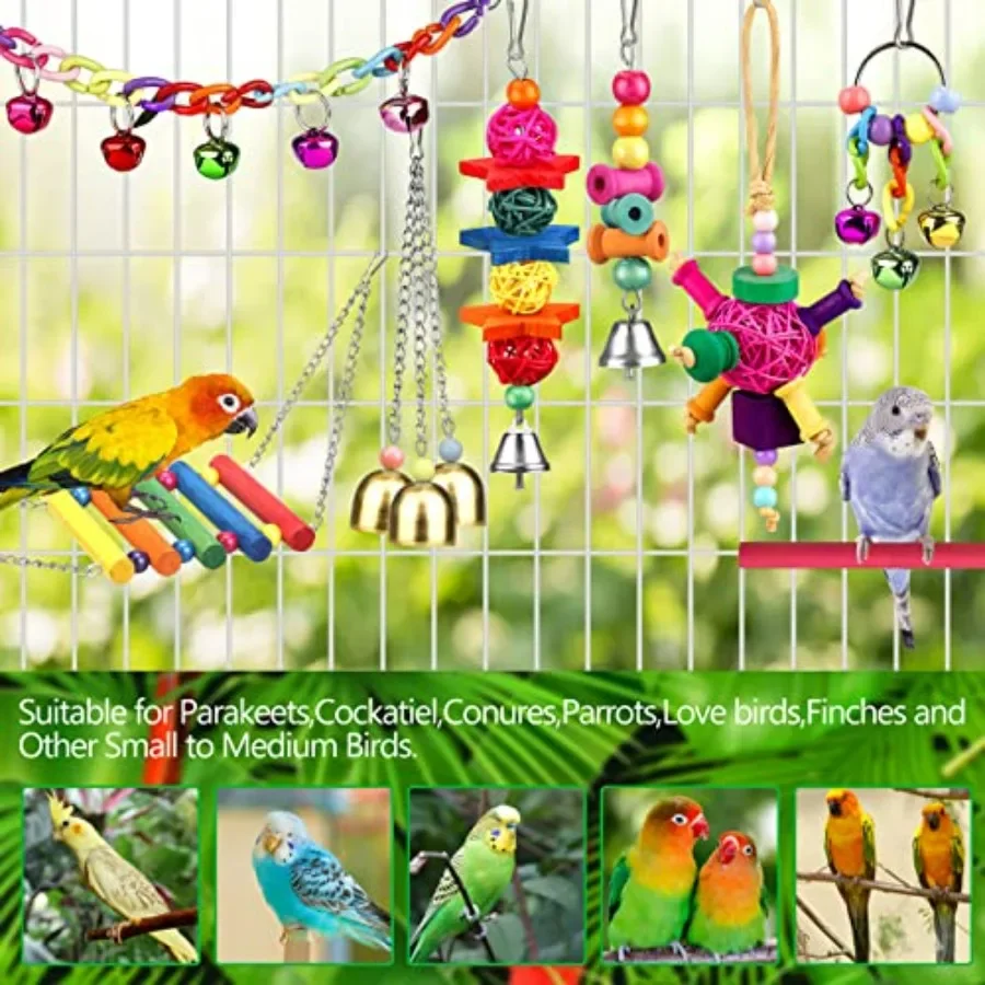 Bird Toys for Conures with Colorful Ladder Hammock Bird Cage Accessories Bird Perch Stand Chewing Toys Hanging Bell for Parrot - Image 3