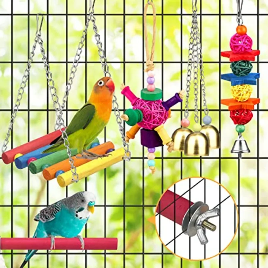 Bird Toys for Conures with Colorful Ladder Hammock Bird Cage Accessories Bird Perch Stand Chewing Toys Hanging Bell for Parrot - Image 5
