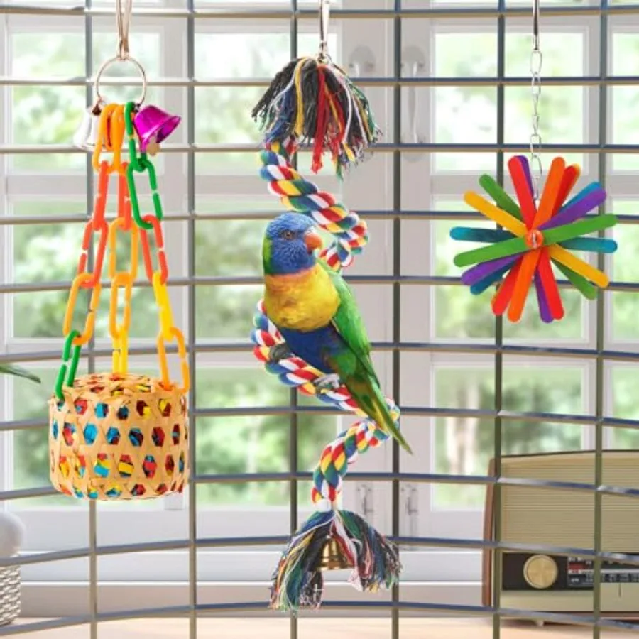 5 Pack Bird Toys for Parakeets Parrots Cockatiels Conures Budgies and Lovebirds Chewing Shredding Foraging Toys with Rope Perch - Image 5