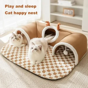 Winter Indoor Warm Plush Cat Bed with Reindeer Appearance Hide and Seek Cat Tunnel Play and Sleep Integrated Cat House Pet Nest