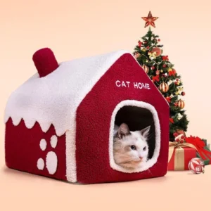Christmas Snowhouse Shape Cat Bed Semi-Enclosed Cat House Washable Cat Nest Warm Pet House Indoor Kitten Cave Cushion