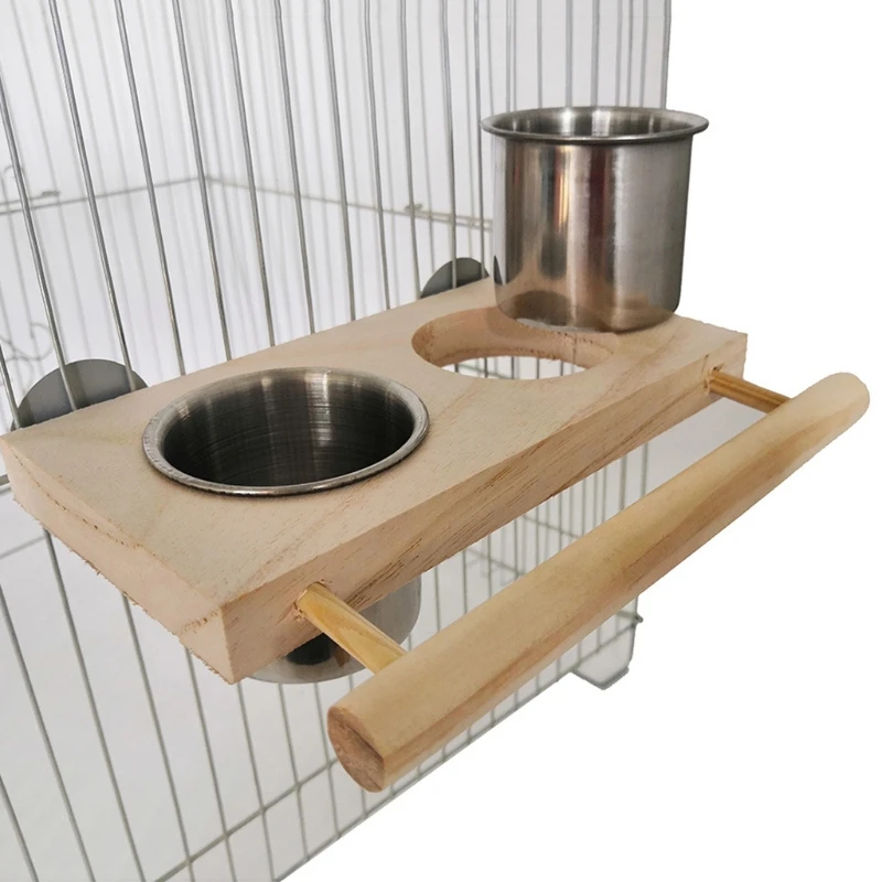 Bird Feeding Cup Hanging Parrot Feeder Stainless Steel Food Water Bowls with Platform Perch for African Greys Budgies Y5GB