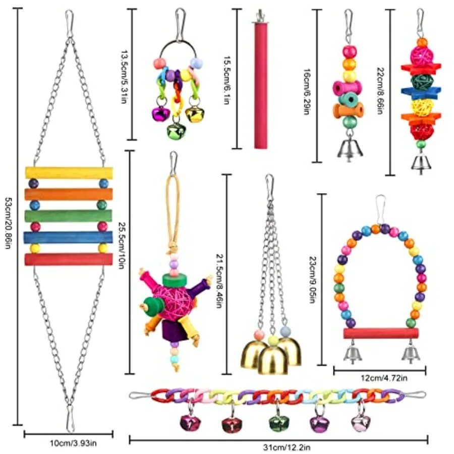 Bird Toys for Conures with Colorful Ladder Hammock Bird Cage Accessories Bird Perch Stand Chewing Toys Hanging Bell for Parrot - Image 6