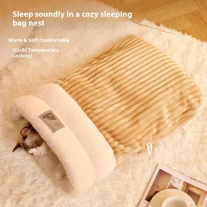 Enclosed Cat Cave Bed with Tunnel Entrance - Self Warming Plush Sleeping Bag for Winter, Security Hideaway for Pets