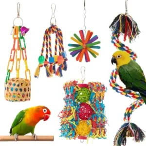 5 Pack Bird Toys for Parakeets Parrots Cockatiels Conures Budgies and Lovebirds Chewing Shredding Foraging Toys with Rope Perch